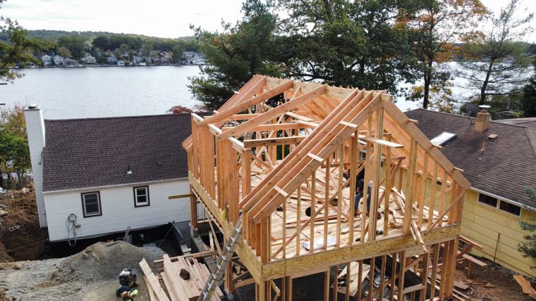 Second-story addition framing on a lakefront home